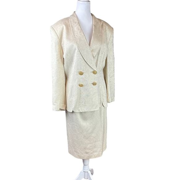 Vintage 80's Albert Nipon Skirt Suit Set Double Breasted Cream Gold Size 16 - Picture 1 of 8